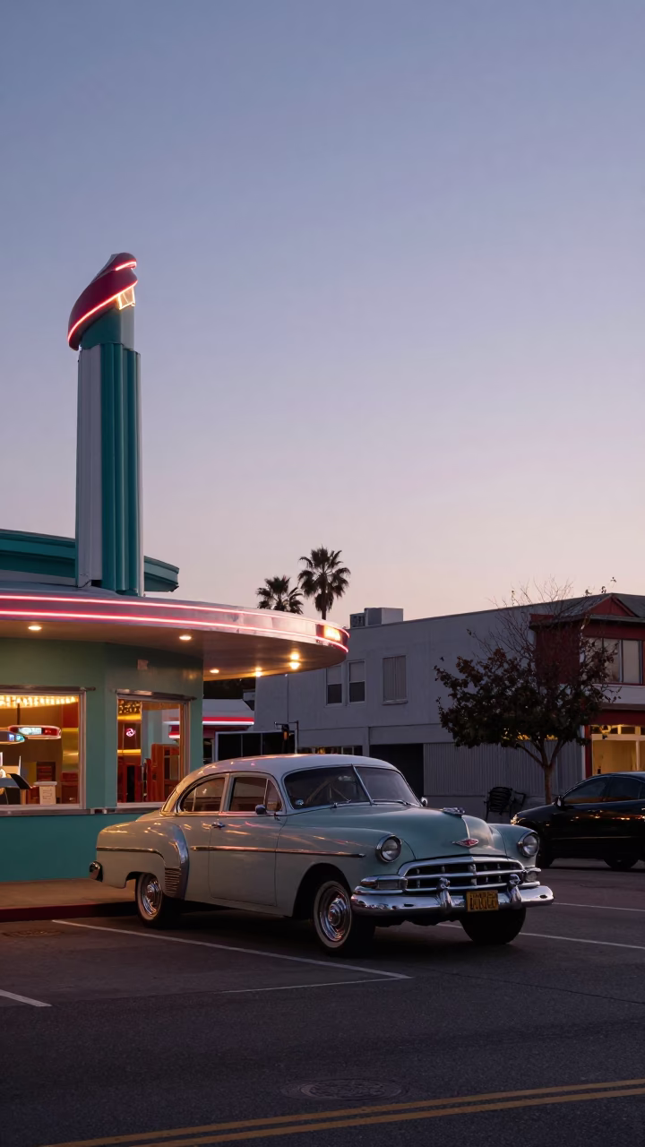 San Francisco Nautical Dawn Street Scene with Vintage Car and Diner in in San Francisco, California, United States