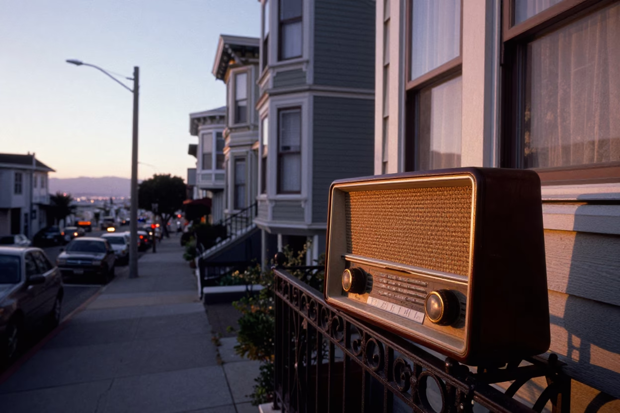 San Francisco Nautical Dawn Street Scene with Vintage Radio and Bougainvillea in in San Francisco, California, United States