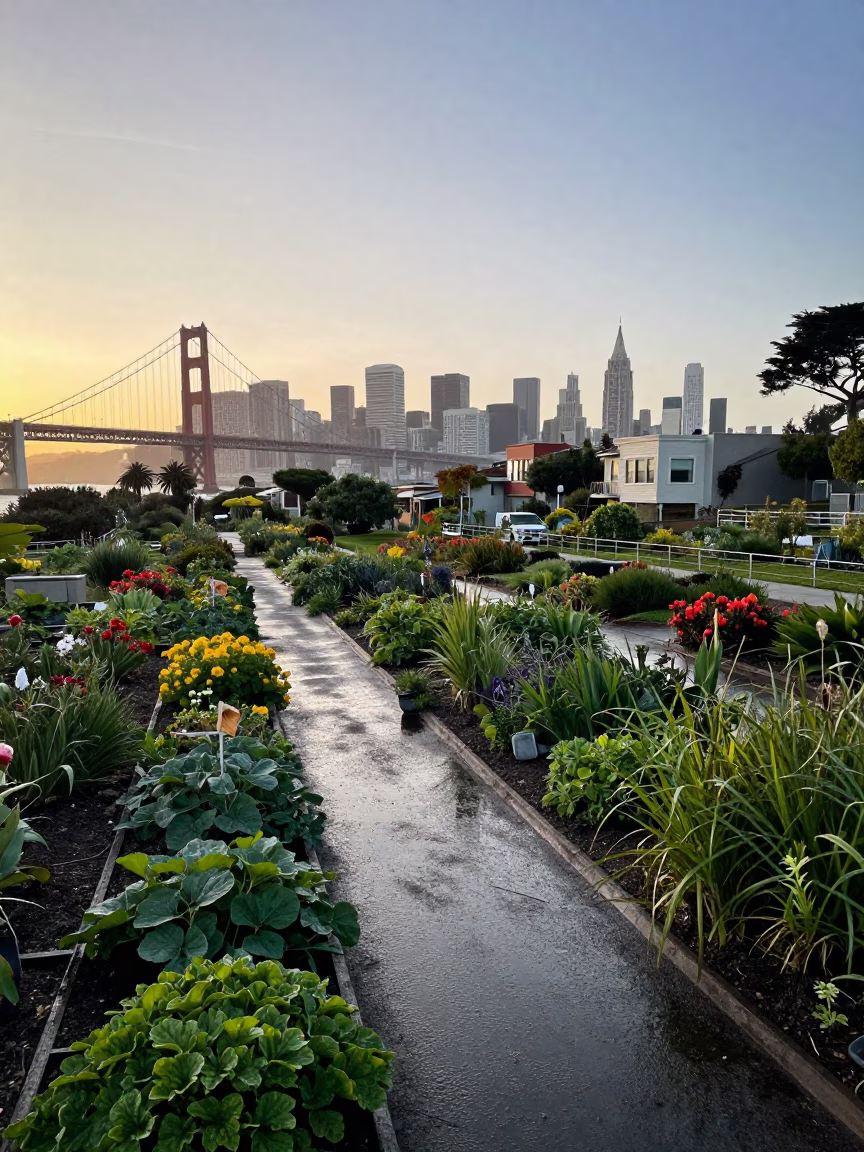 San Francisco Nautical Dawn Viaduct Shadow Across Rain-Slicked Allotment Gardens and City Skyline in in San Francisco, California, United States