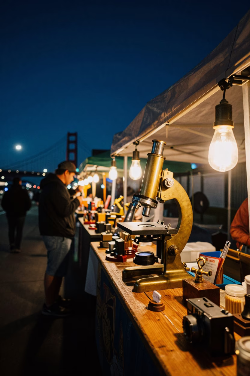 San Francisco Night Market Stall with Brass Antique Microscope and Glass Saucer in in San Francisco, California, United States