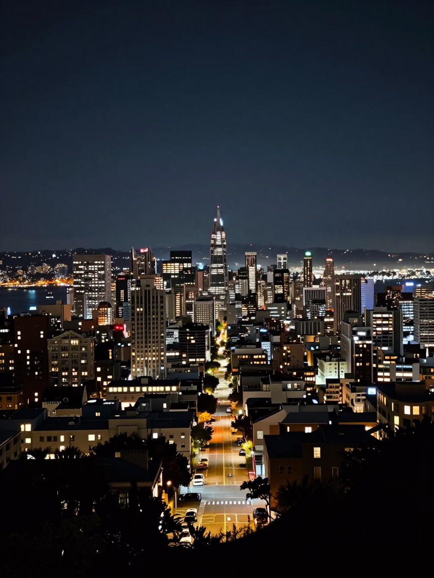 San Francisco Night Sky View from Telegraph Hill with Street Lamps and Urban Details in in San Francisco, California, United States