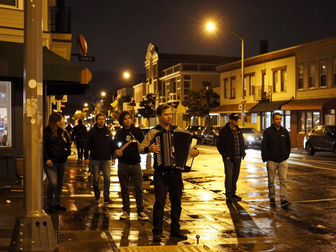 San Francisco Night Street Scene with Accordion Player and Spindle Chair in in San Francisco, California, United States