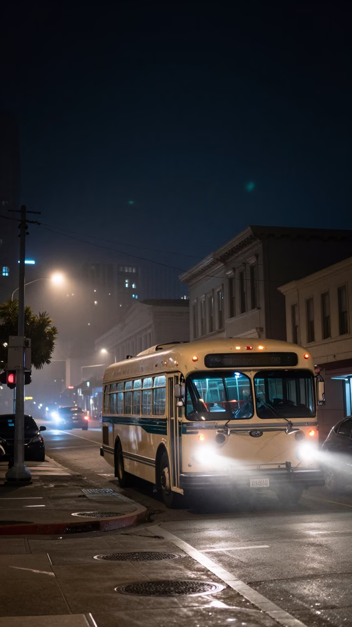 San Francisco Night Street Scene with Classic Bus and Urban Details in in San Francisco, California, United States