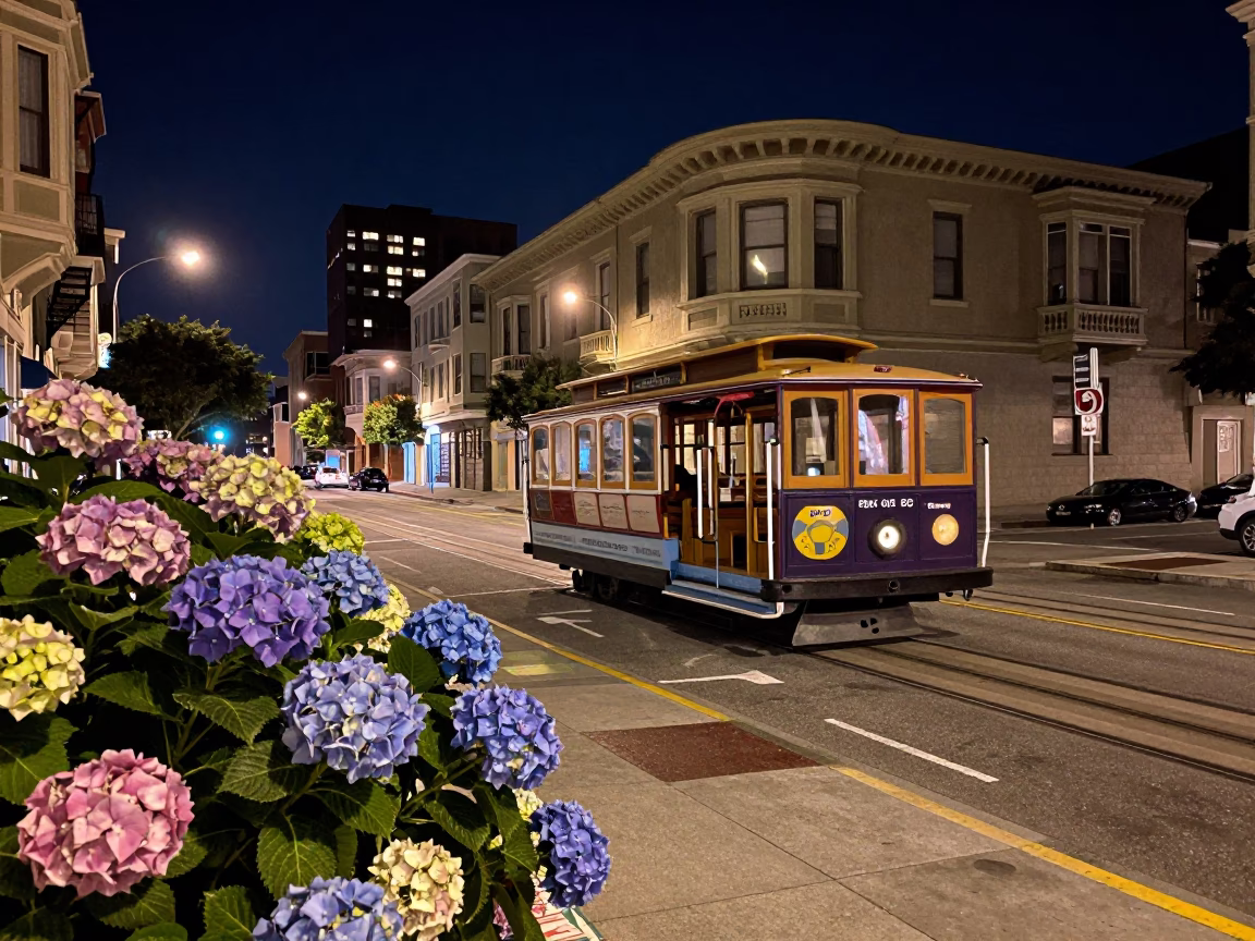 San Francisco Night Street Scene with Colorful Hydrangeas and Historic Architecture in in San Francisco, California, United States