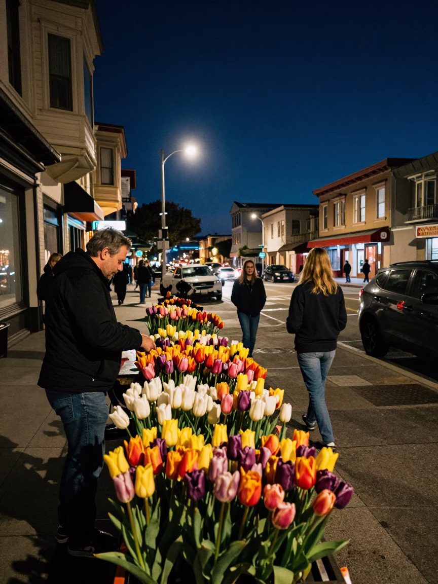 San Francisco Night Street Scene with Colorful Tulips and Local Life in in San Francisco, California, United States
