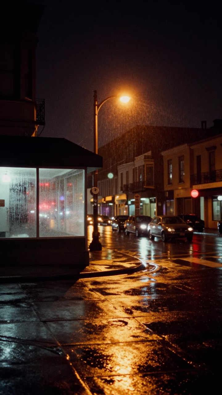 San Francisco Night Street Scene with Condensation on Glass and Oranges in in San Francisco, California, United States