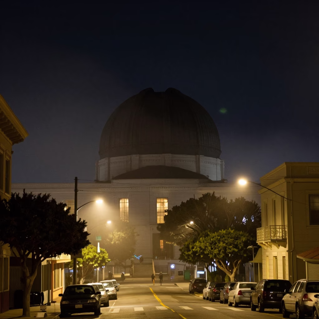 San Francisco Night Street Scene with Observatory Dome Silhouette and Ground Fog in in San Francisco, California, United States