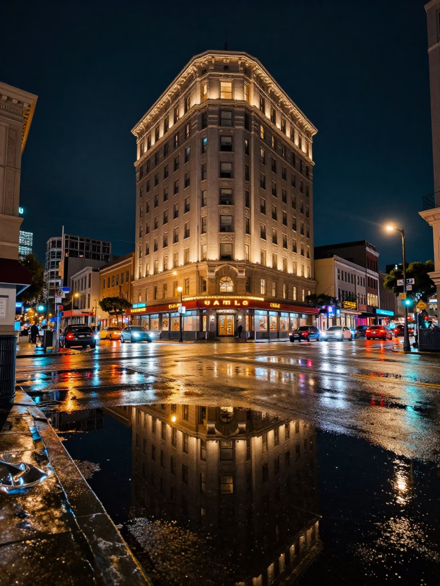 San Francisco Night Street Scene with Puddle Reflections of Hotel Windows and Tail Lights in in San Francisco, California, United States
