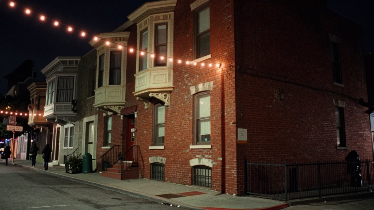 San Francisco night street scene with string lights and brick architecture in in San Francisco, California, United States