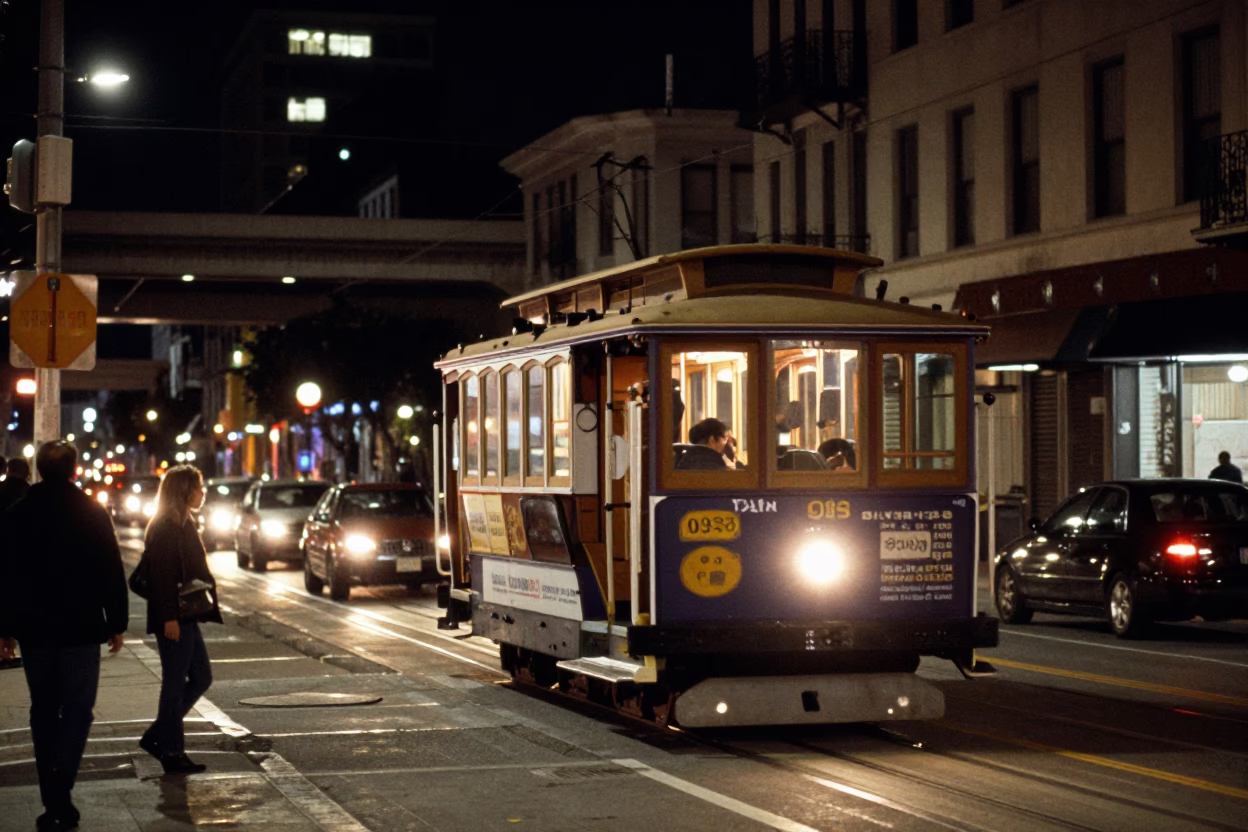 San Francisco Night Street Scene with Trolley and Overpass Traffic Streaks in in San Francisco, California, United States