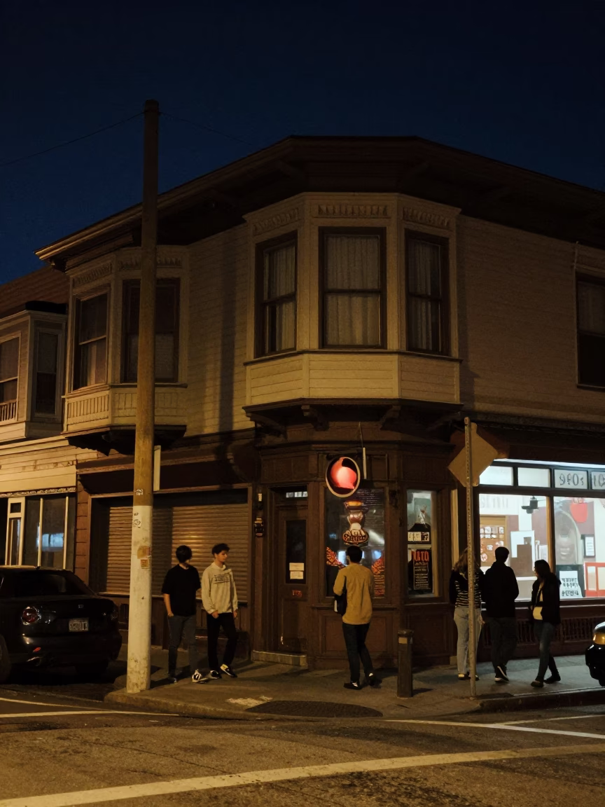 San Francisco Night Street Scene with Vintage 1990s Aesthetic and Urban Details in in San Francisco, California, United States