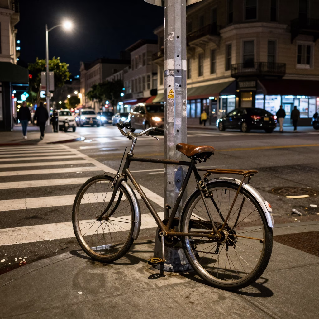 San Francisco Night Street Scene with Vintage Bicycle and Urban Details in in San Francisco, California, United States