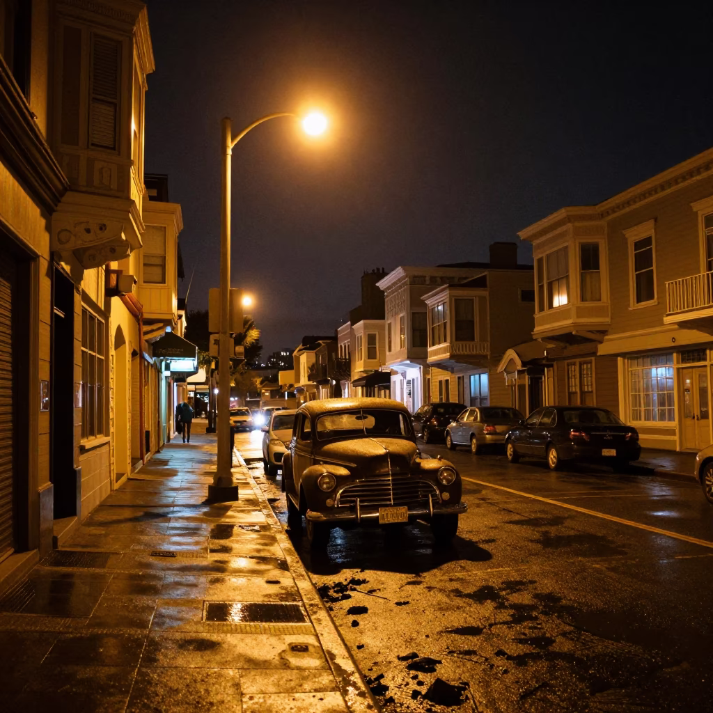 San Francisco Night Street Scene with Vintage Car and Wet Pavement Reflections in in San Francisco, California, United States