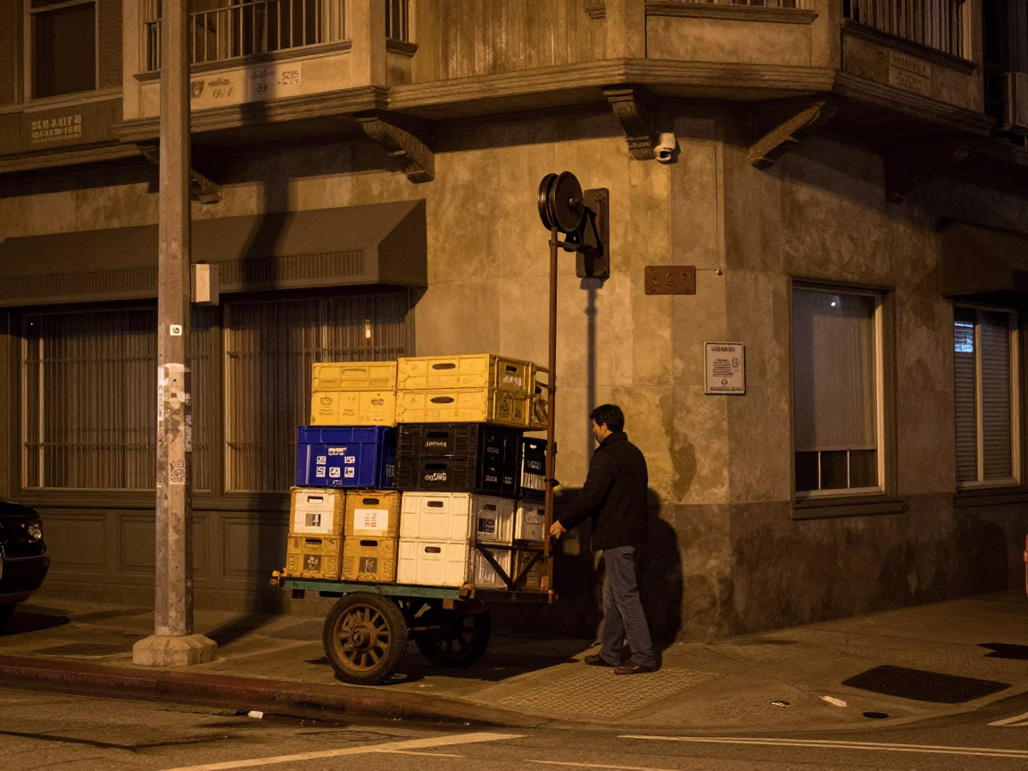 San Francisco Night Street Scene with Vintage Rolling Carts and Pulley System in in San Francisco, California, United States
