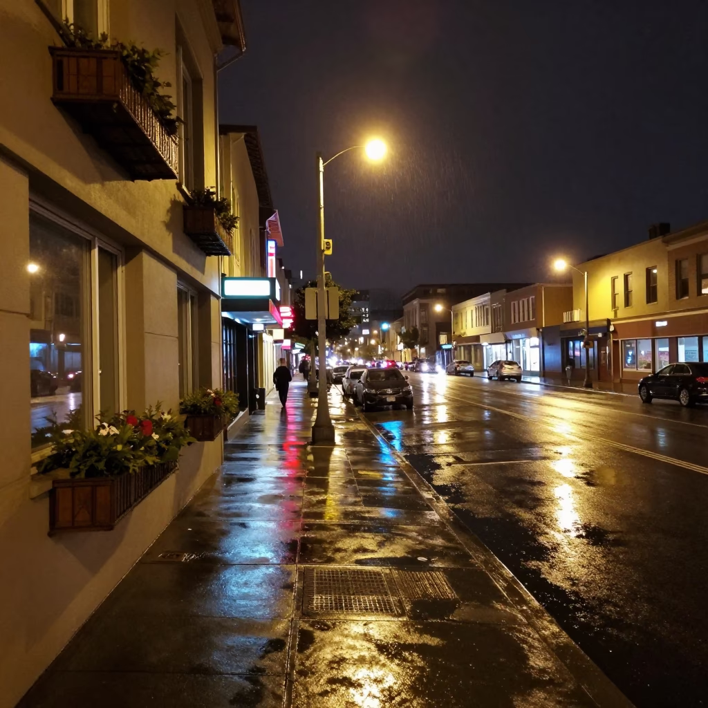San Francisco Night Street Scene with Window Boxes and Urban Details in in San Francisco, California, United States