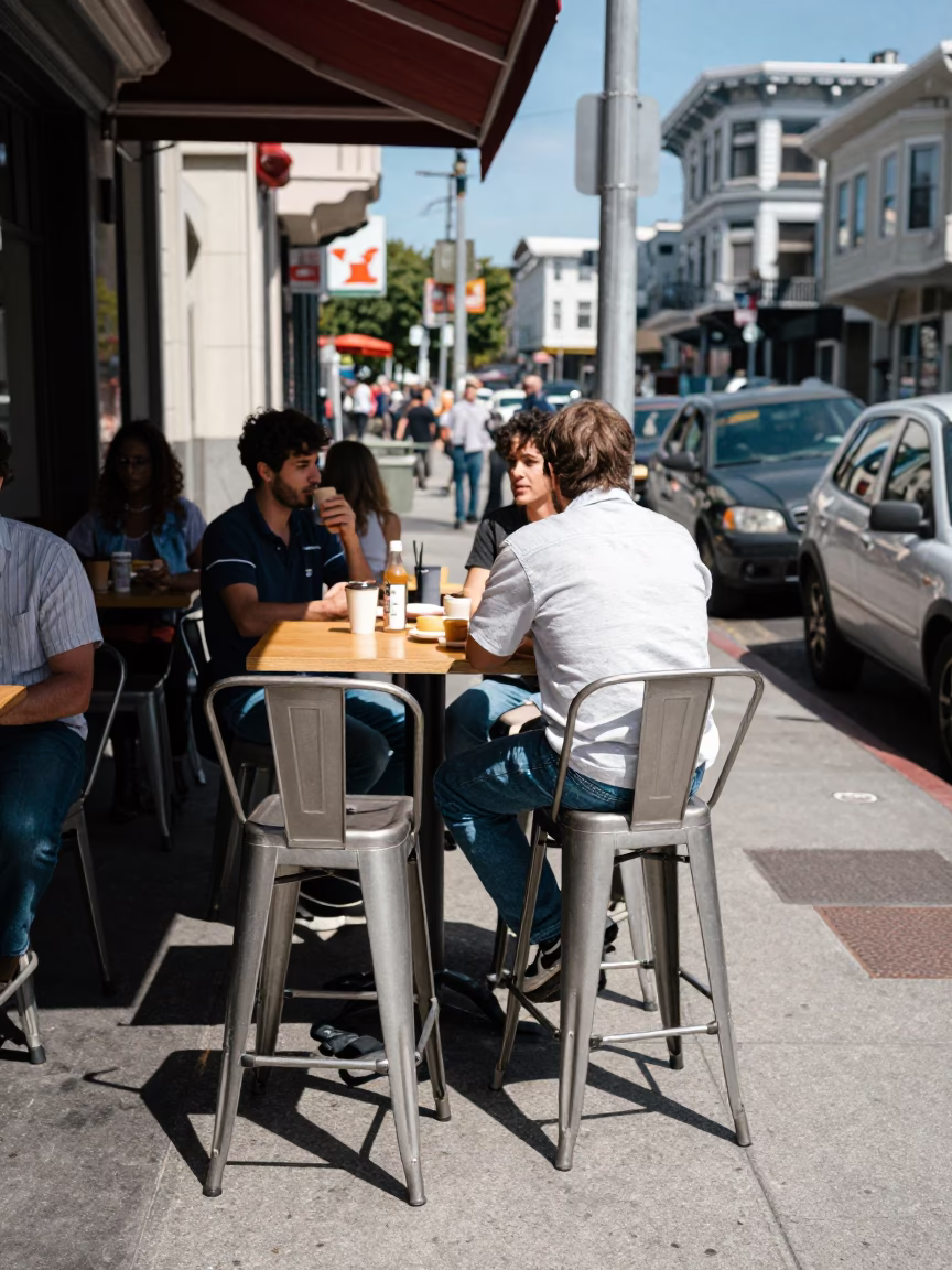 San Francisco Noon Street Scene with Bar Stools and Serving Bowls in in San Francisco, California, United States