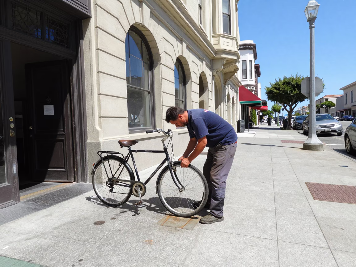 San Francisco Noon Street Scene with Bicycle Mechanic and Local Details in in San Francisco, California, United States