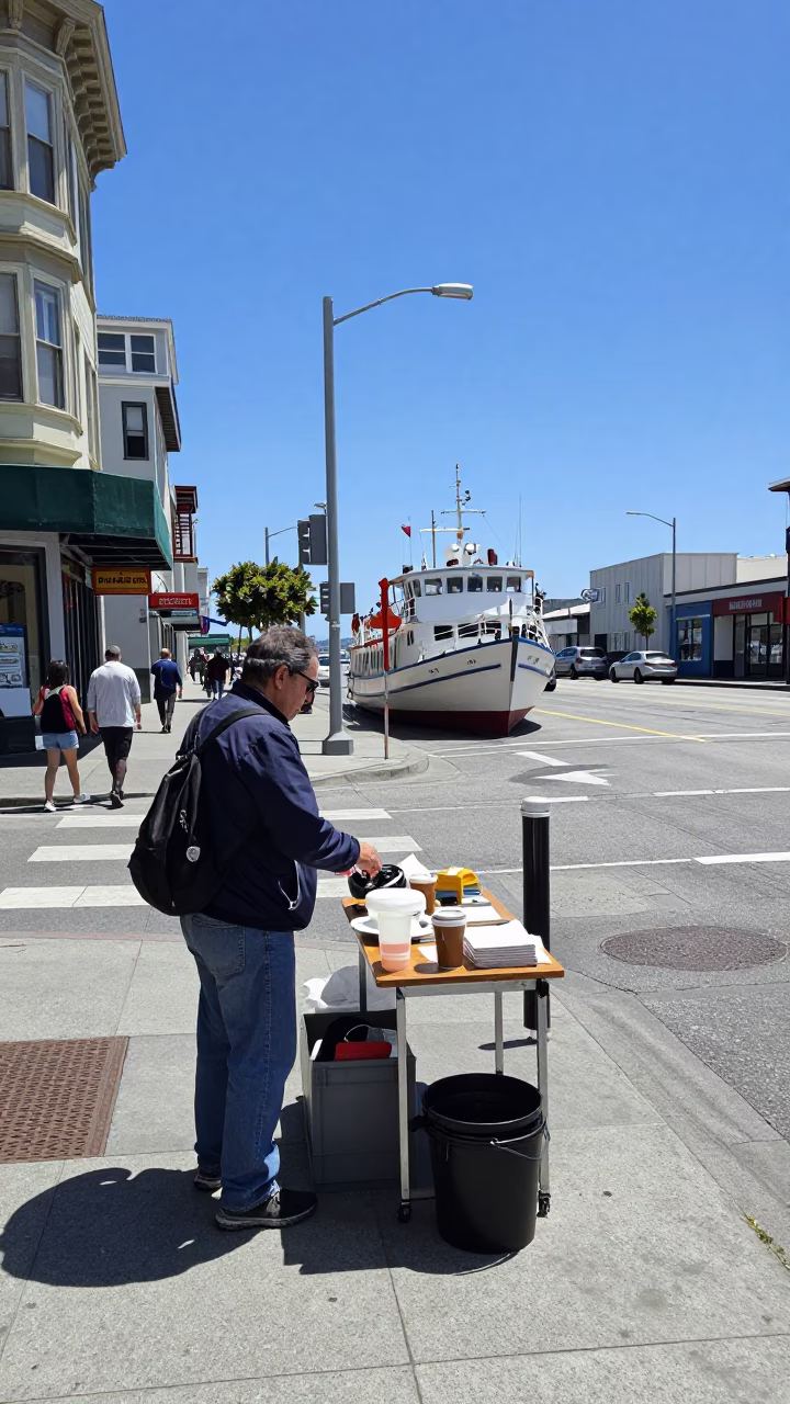 San Francisco Noon Street Scene with Pilot Boat and Local Food in in San Francisco, California, United States
