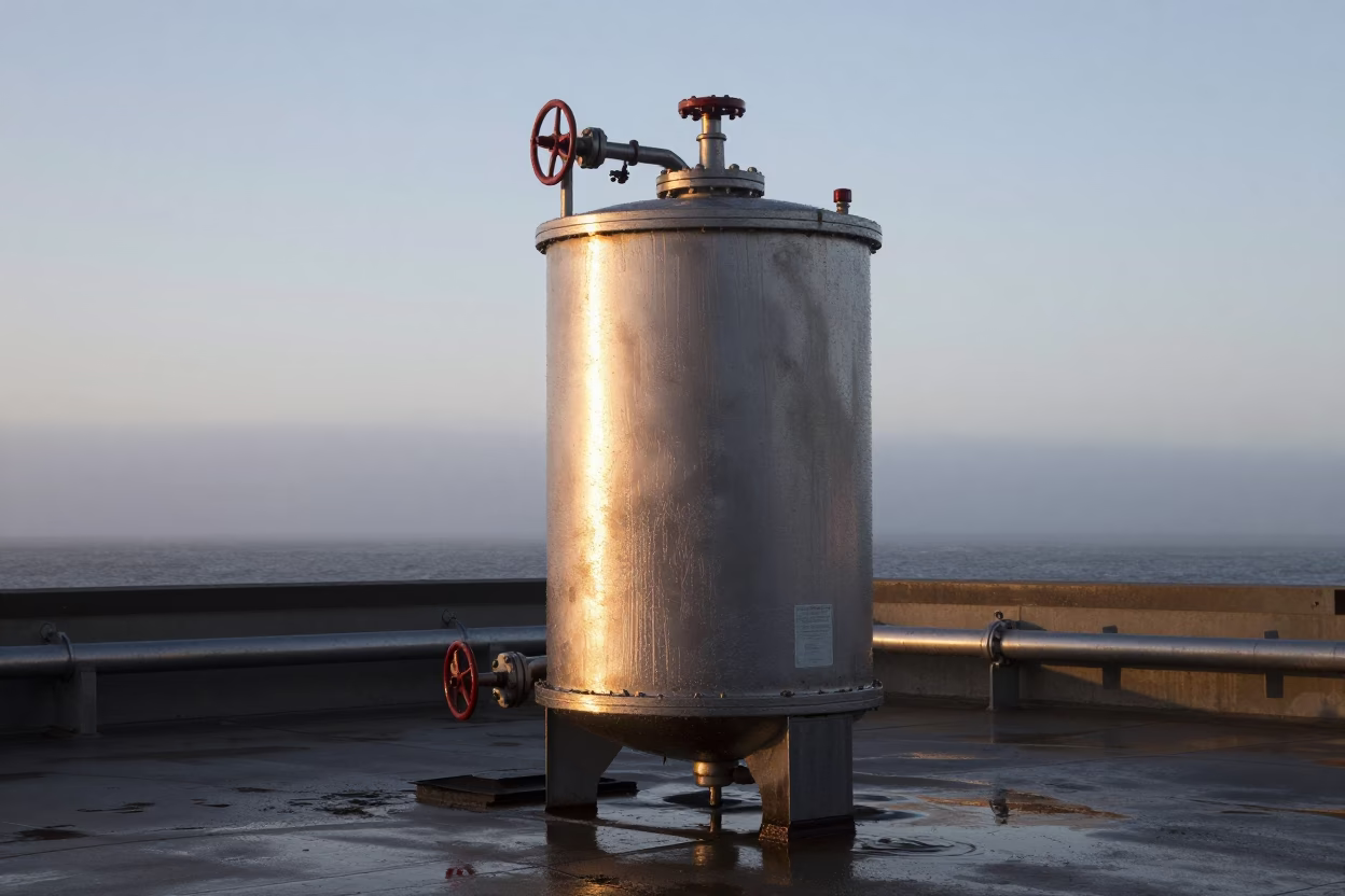 San Francisco Pipeline Pig Launcher Cylinder Wet with Dawn Condensation Before Sunrise in in San Francisco, California, United States