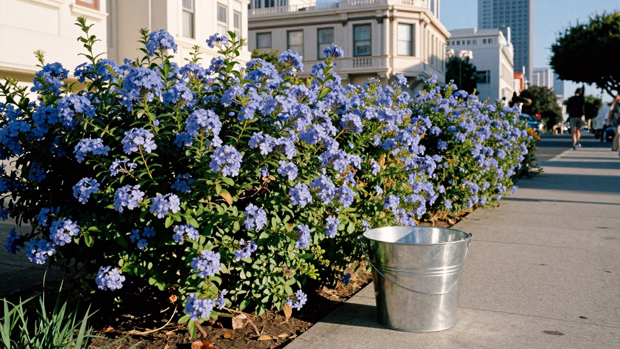 San Francisco Plumbago Hedge and Brushed Steel Bucket in Clear Late Afternoon Light in in San Francisco, California, United States