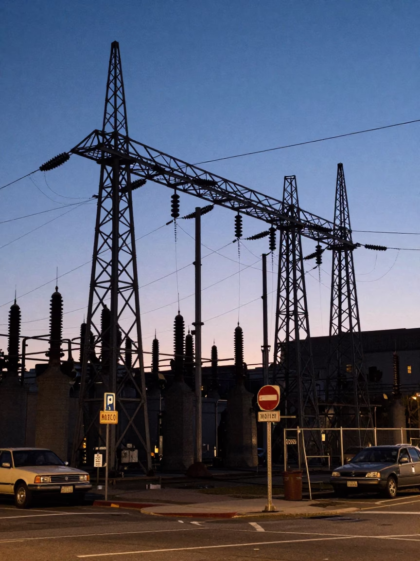San Francisco Power Substation Lattice Structure in Predawn Cobalt Twilight Darkness in in San Francisco, California, United States