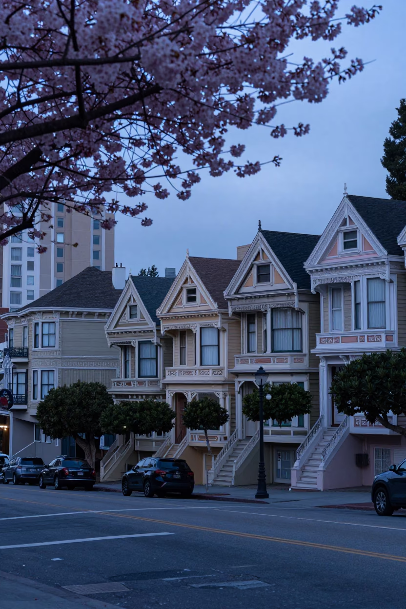 San Francisco Pre-Dawn Street Scene with Cherry Blossoms and Urban Architecture in in San Francisco, California, United States