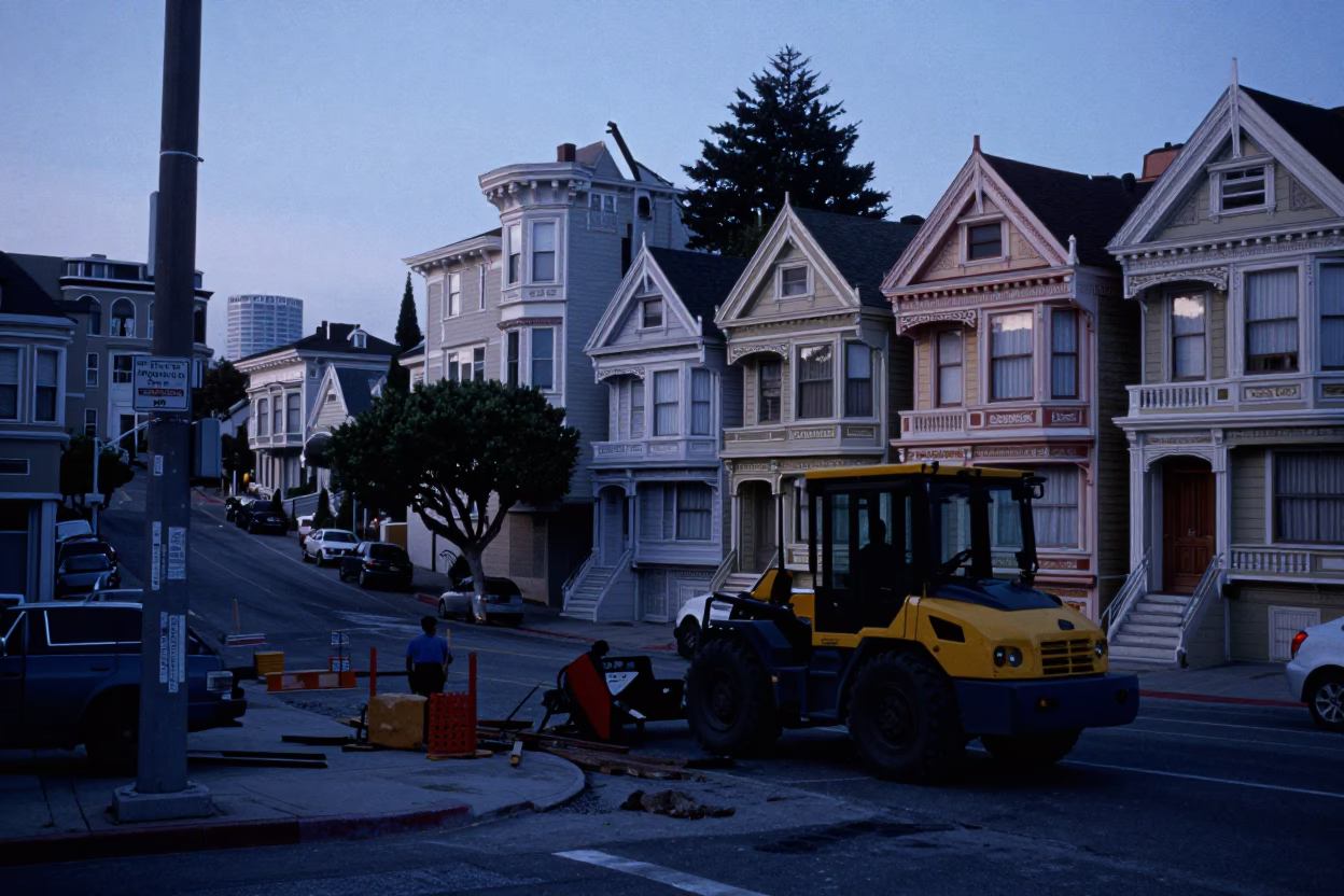 San Francisco Pre-Dawn Street Scene with Construction Pile Driver and Urban Details in in San Francisco, California, United States
