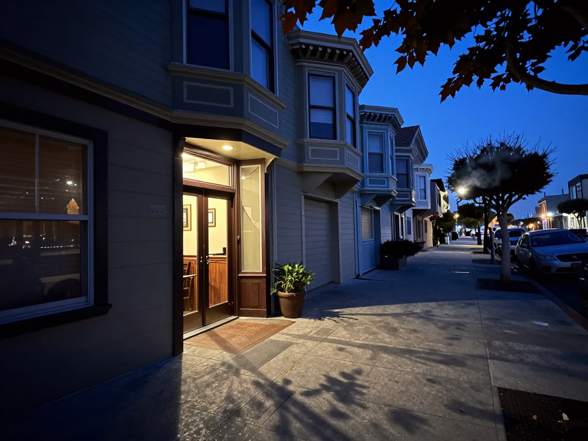 San Francisco Pre-Dawn Street Scene with Leaf Shadows and Steaming Tea in in San Francisco, California, United States