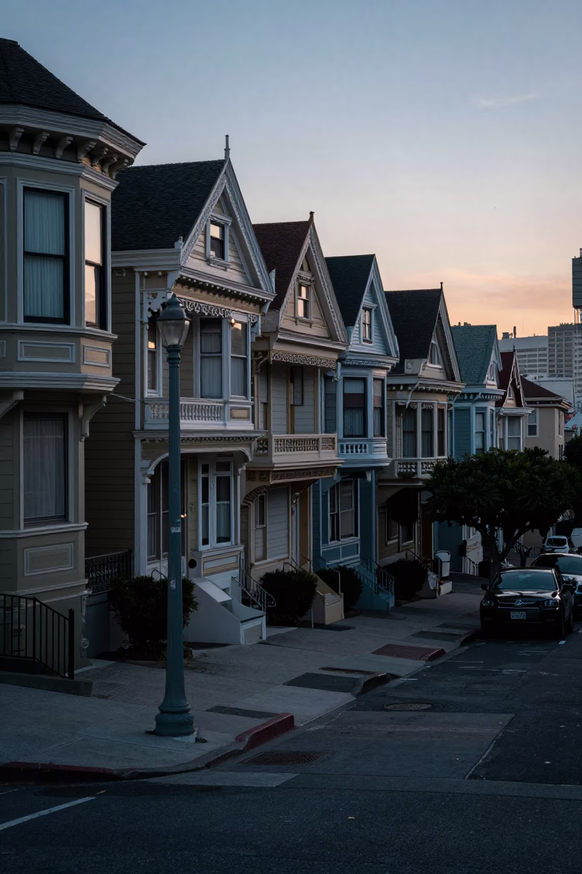 San Francisco Pre-Dawn Street Scene with Locked Door and Streetlamp in in San Francisco, California, United States
