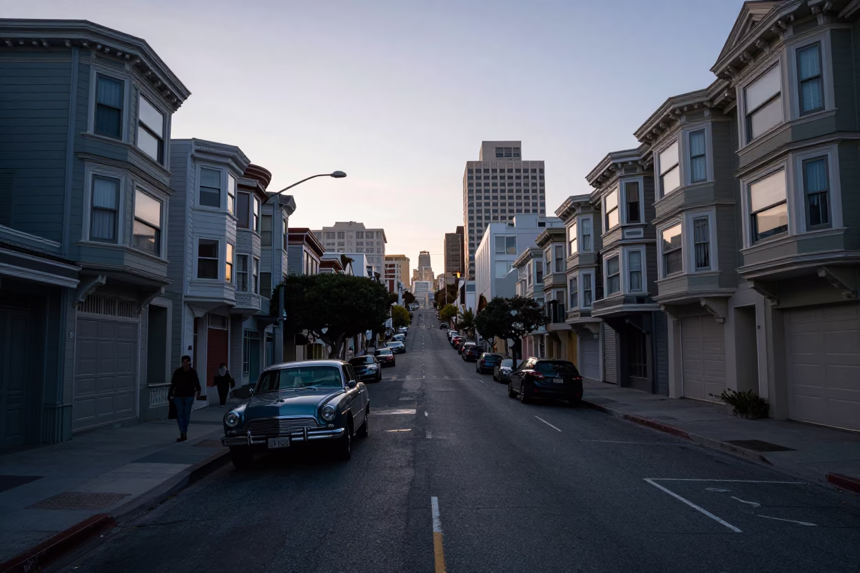 San Francisco Pre-Dawn Street Scene with Vintage Car and City Lights in in San Francisco, California, United States