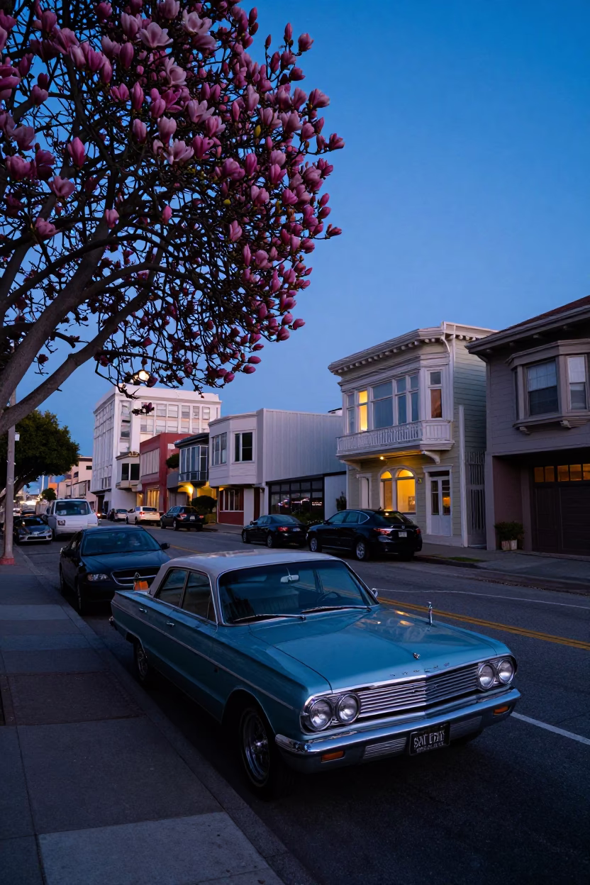 San Francisco Pre-Dawn Street Scene with Vintage Cars and Magnolia Bloom in in San Francisco, California, United States
