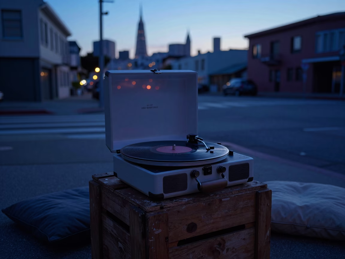 San Francisco Pre-Dawn Street Scene with Vintage Record Player and Cushions in in San Francisco, California, United States