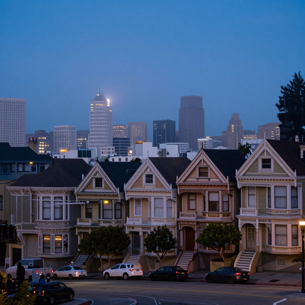 San Francisco Pre-Dawn Urban Street Scene with Industrial Fog and Catenary Wires in in San Francisco, California, United States