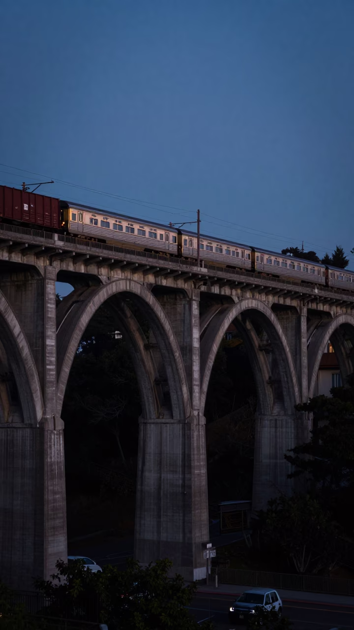 San Francisco Predawn Railway Viaduct and Passing Train in Darkness in in San Francisco, California, United States