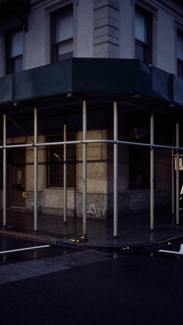 San Francisco Predawn Street Corner with Scaffold Joints and Wet Pavement Reflections in in San Francisco, California, United States