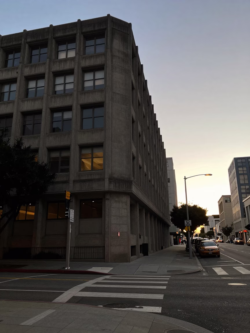 San Francisco Predawn Street Scene with Concrete Brutalist Building and Train Platform in in San Francisco, California, United States