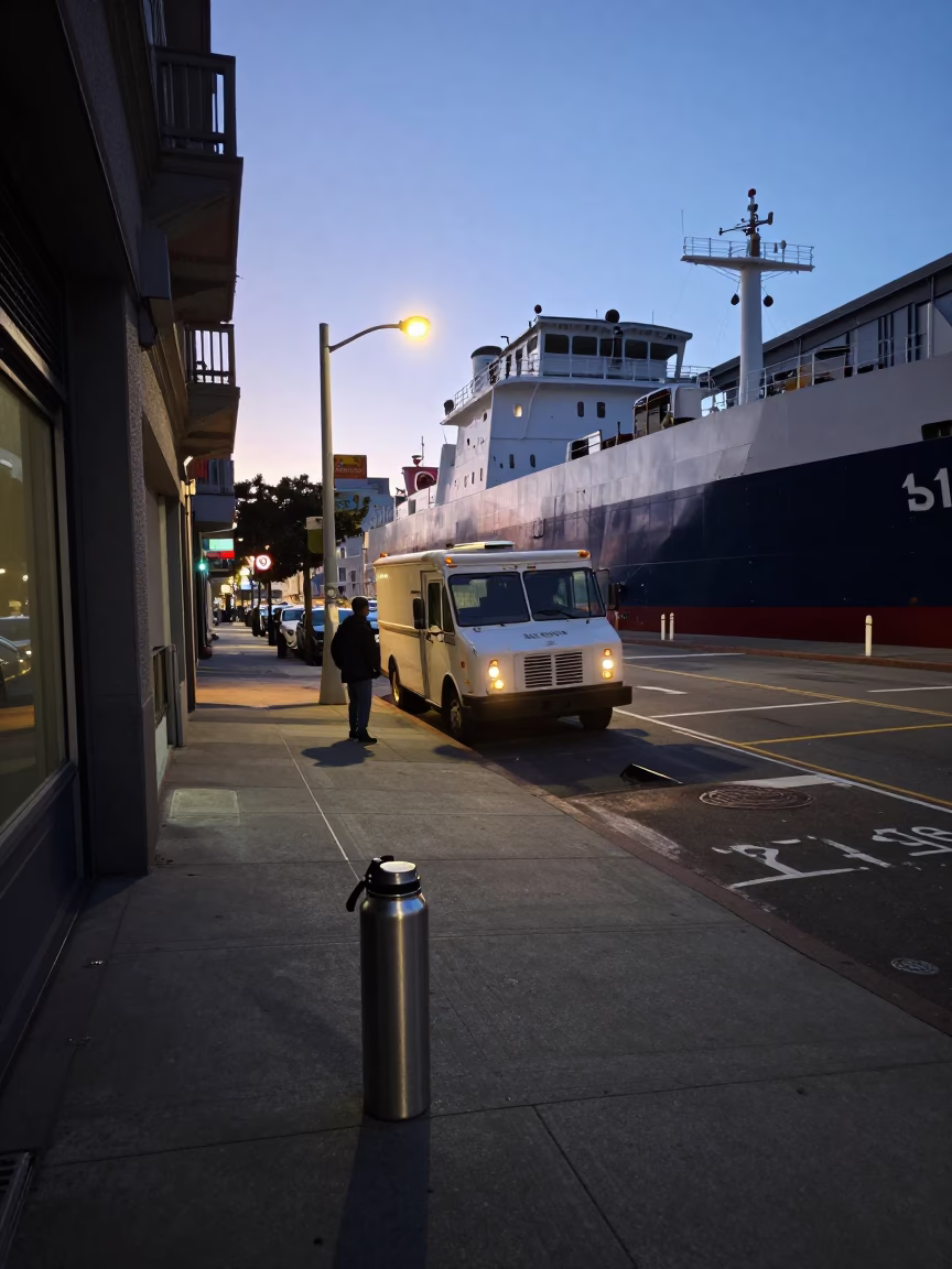 San Francisco Predawn Street Scene with Thermos and Cargo Ship Horizon in in San Francisco, California, United States
