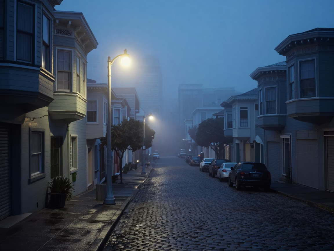 San Francisco Predawn Street Scene with Vintage 1950s Architecture and Wet Cobblestones in in San Francisco, California, United States