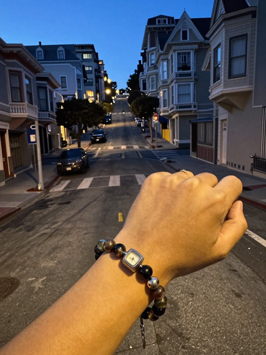 San Francisco Predawn Street Scene with Vintage Charm Bracelet and Urban Details in in San Francisco, California, United States