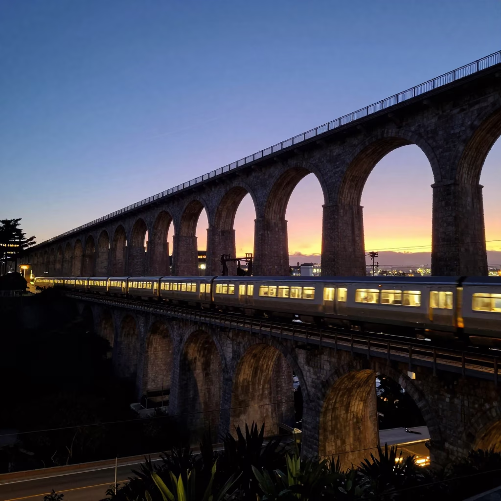 San Francisco Railway Viaduct at Twilight with Passing Train and City Lights in in San Francisco, California, United States