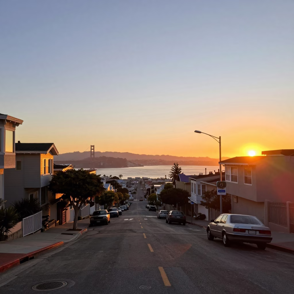 San Francisco Residential Street at Sunset Light in in San Francisco, California, United States