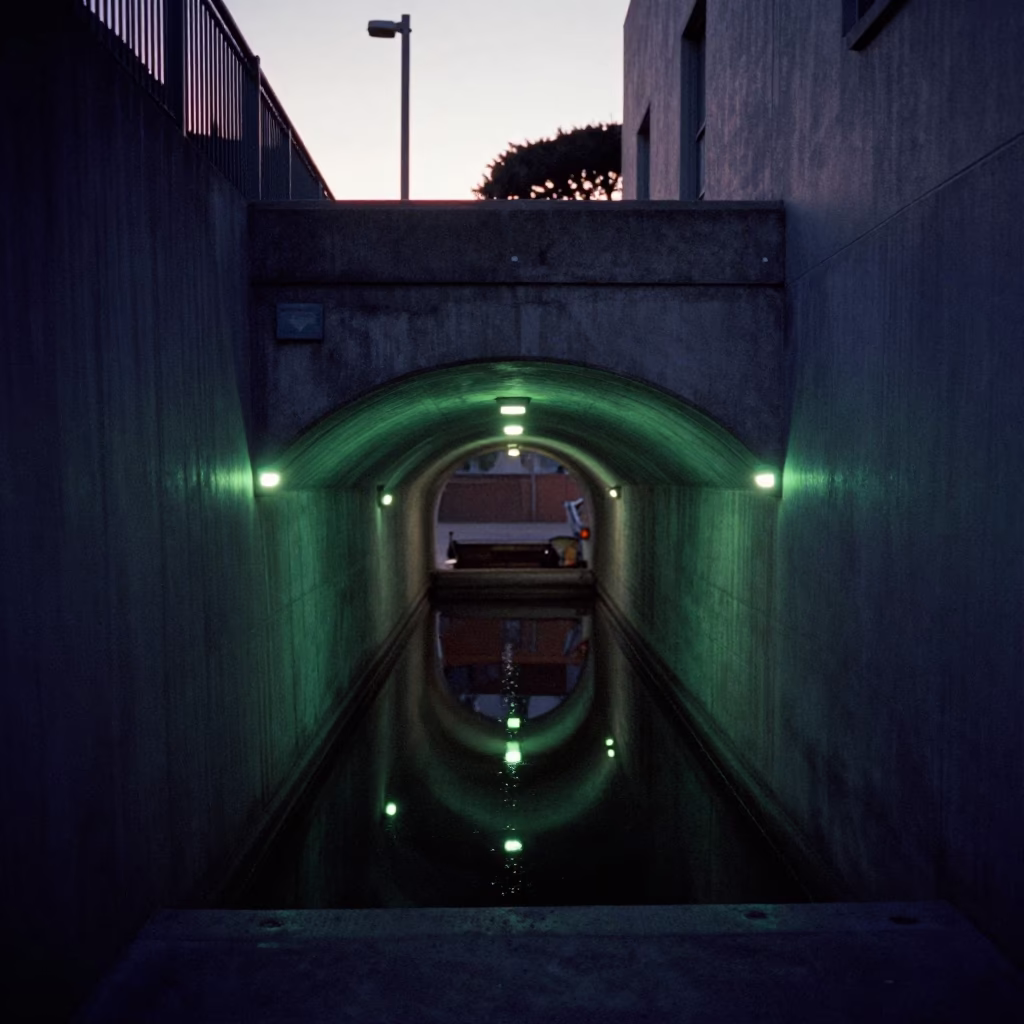San Francisco Service Tunnel Sump Reflecting Blinking Indicators Before Dawn in in San Francisco, California, United States