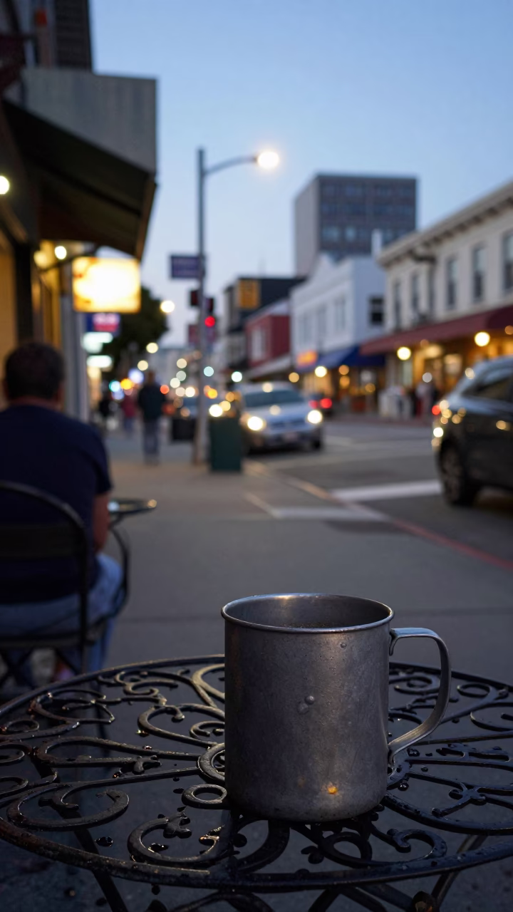 San Francisco Street Cafe Evening with Mug and City Lights View in in San Francisco, California, United States