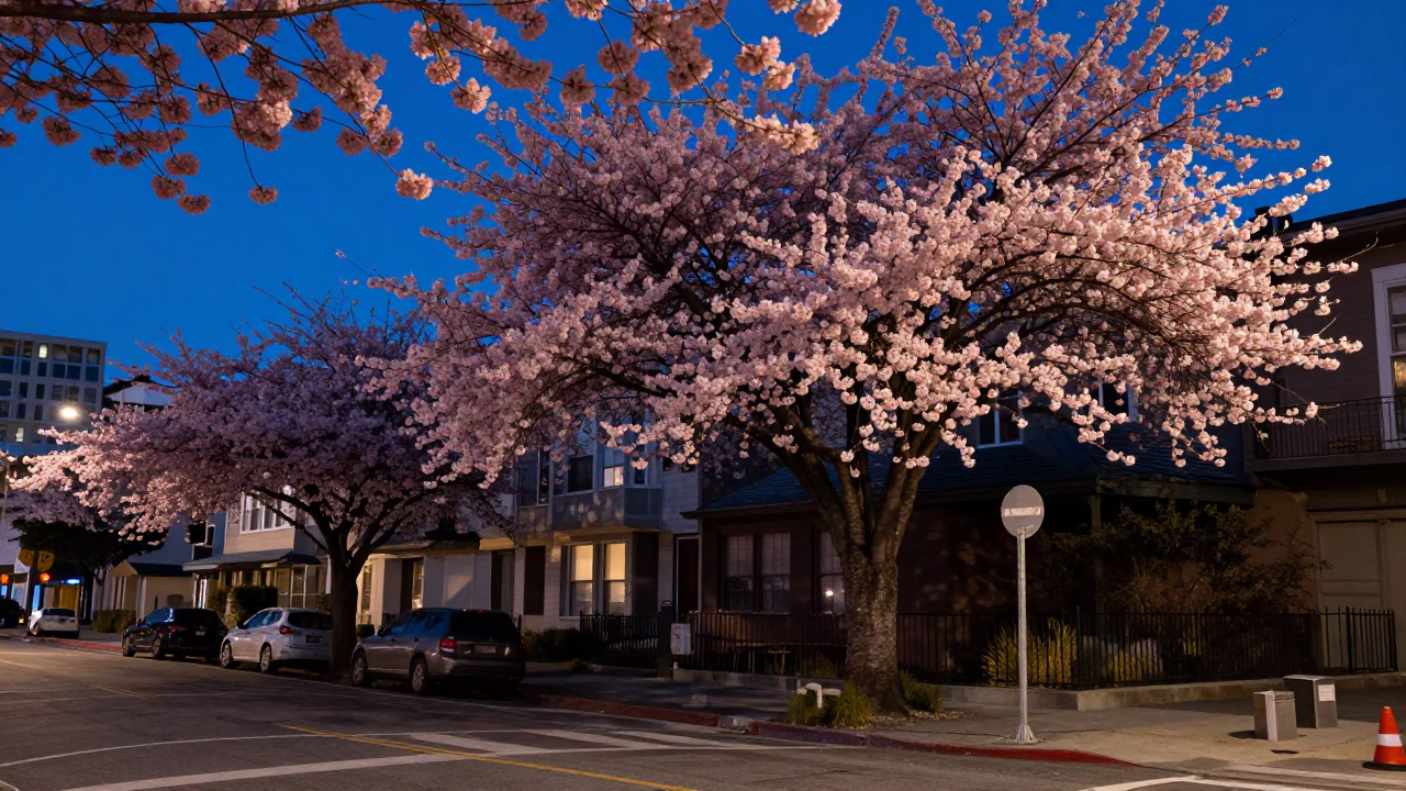 San Francisco Street Corner Before Dawn with Cherry Blossoms and Urban Light in in San Francisco, California, United States