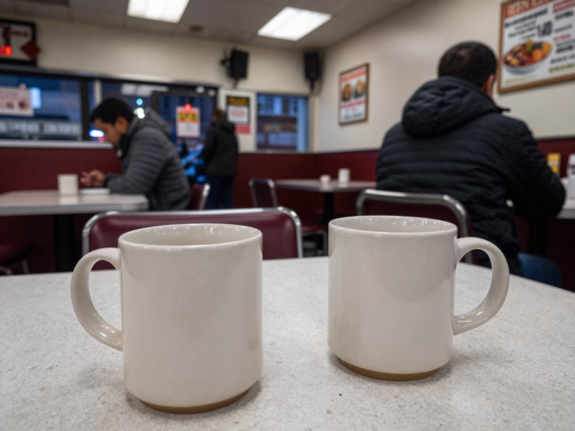 San Francisco Street Corner Diner Interior with Coffee Mugs and City Lights at Dusk in in San Francisco, California, United States
