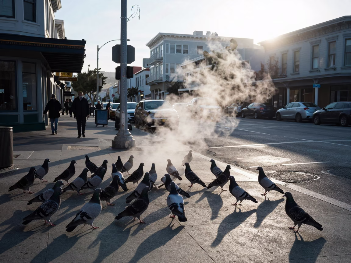 San Francisco Street Corner Morning with Pigeons and Steam Near Ferry Building in in San Francisco, California, United States