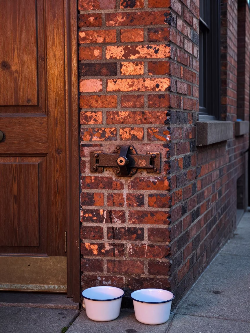 San Francisco Street Corner with Iron Deadbolt and Enamel Bowls in Copper Light in in San Francisco, California, United States