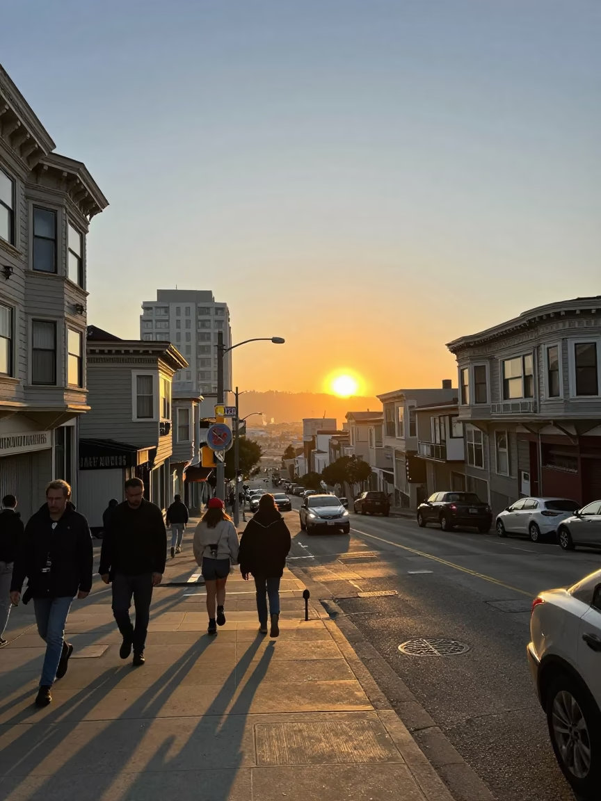San Francisco Street Scene at As The Sun Drops Toward The Horizon in in San Francisco, California, United States