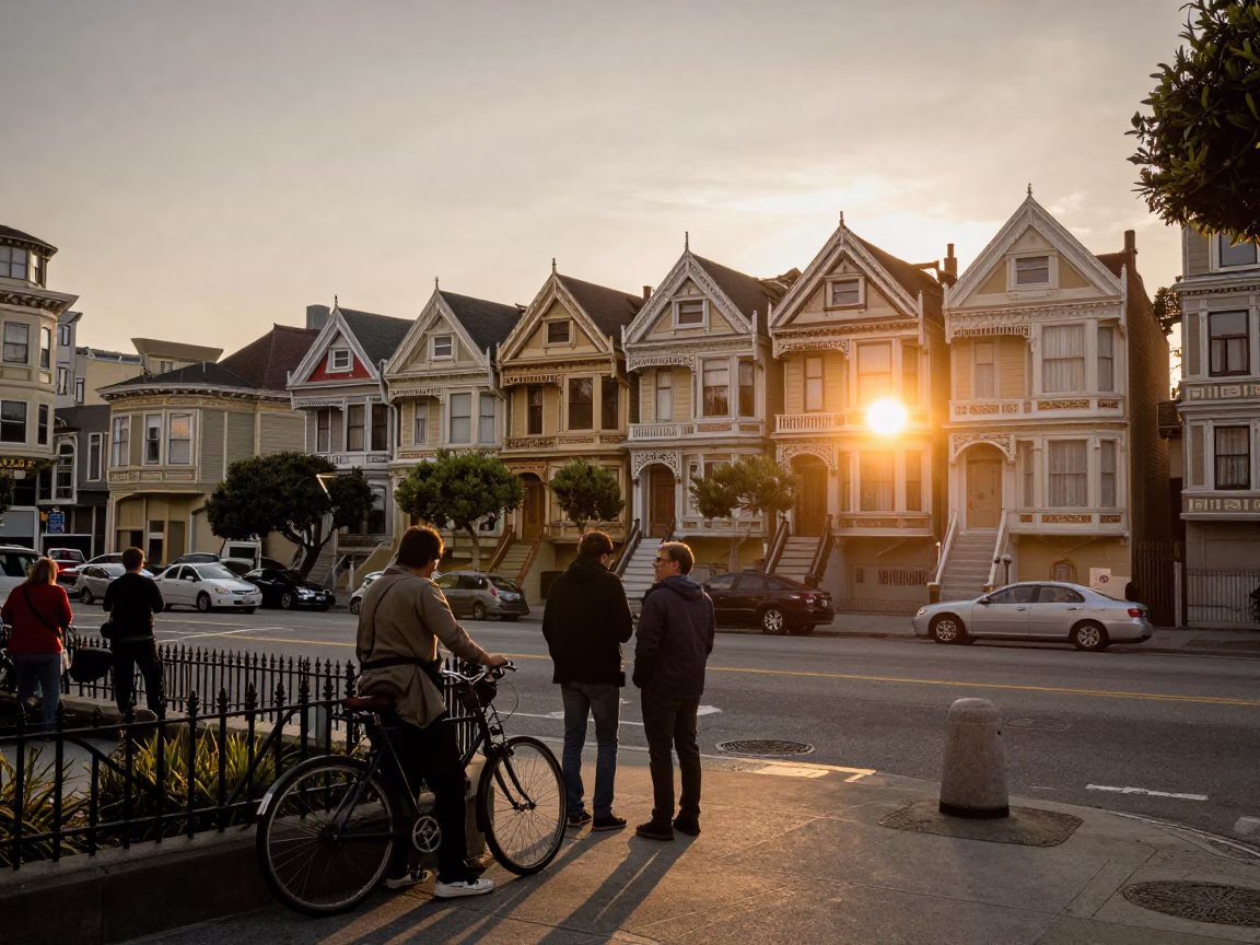 San Francisco Street Scene at As The Sun Drops Toward The Horizon in in San Francisco, California, United States