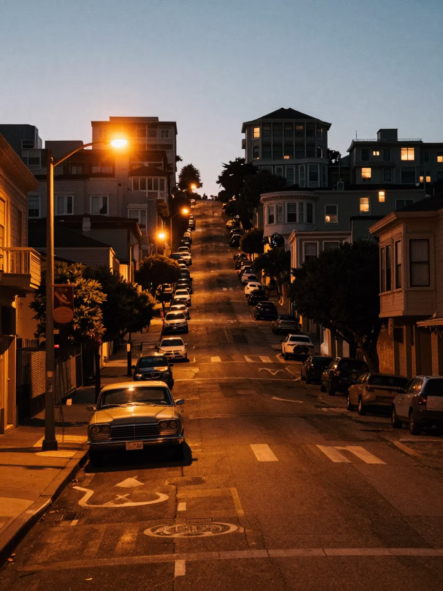San Francisco Street Scene at Dawn with Vintage Car and Wet Pavement in in San Francisco, California, United States